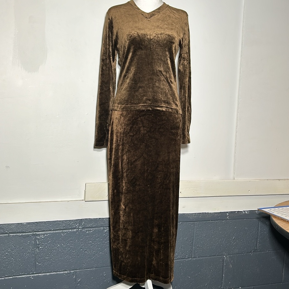 Anthropologie two-piece velour skirt and long sleeve shirt set.